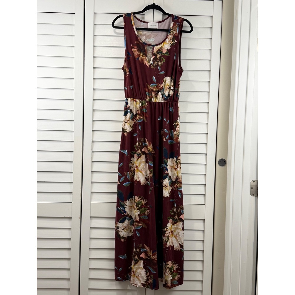 French Grey Maxi Dress Women L Dark Purple Floral Brushed Knit Stitch Fix NEW
